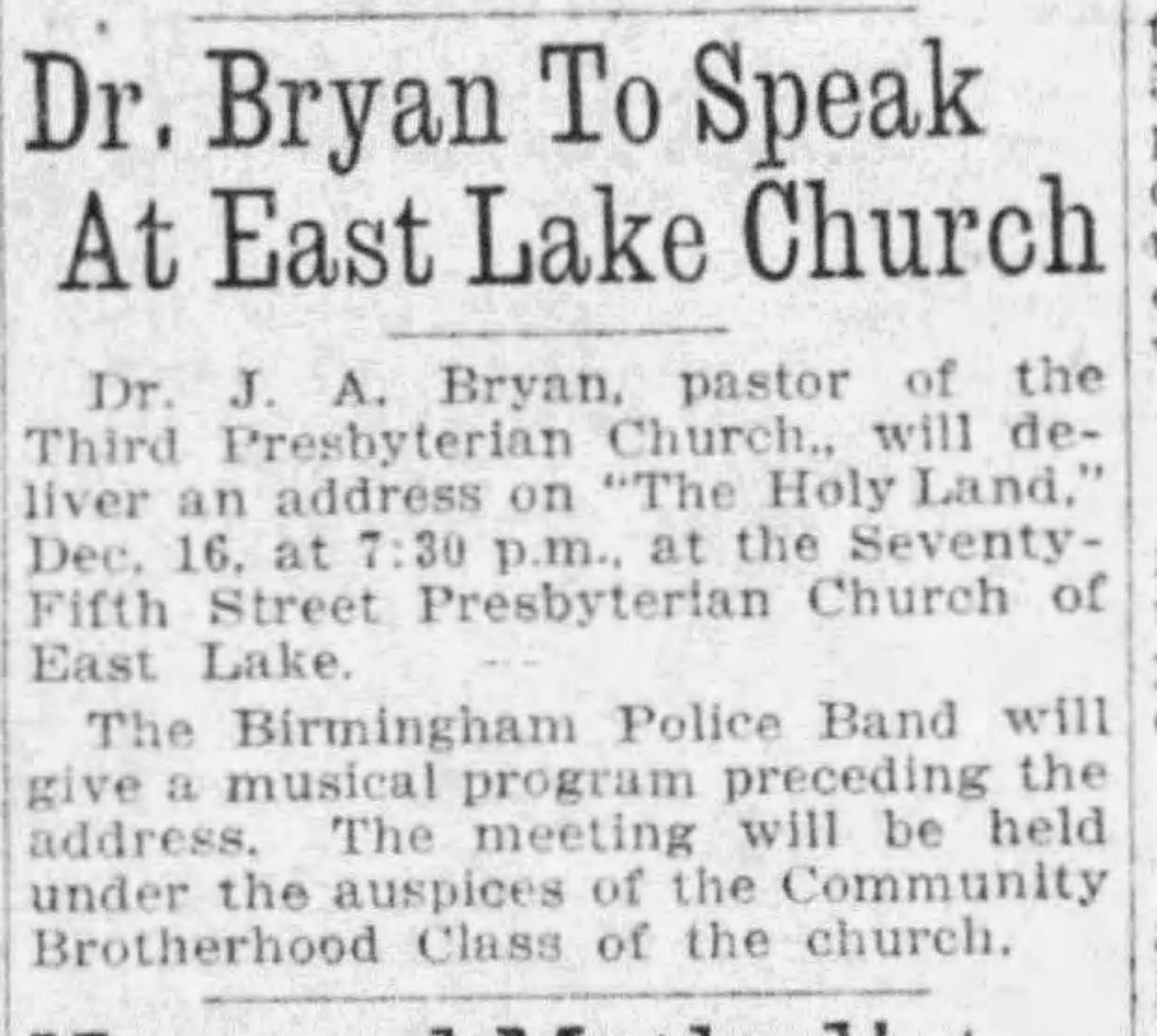 Dr. Bryan to Speak At East Lake Church